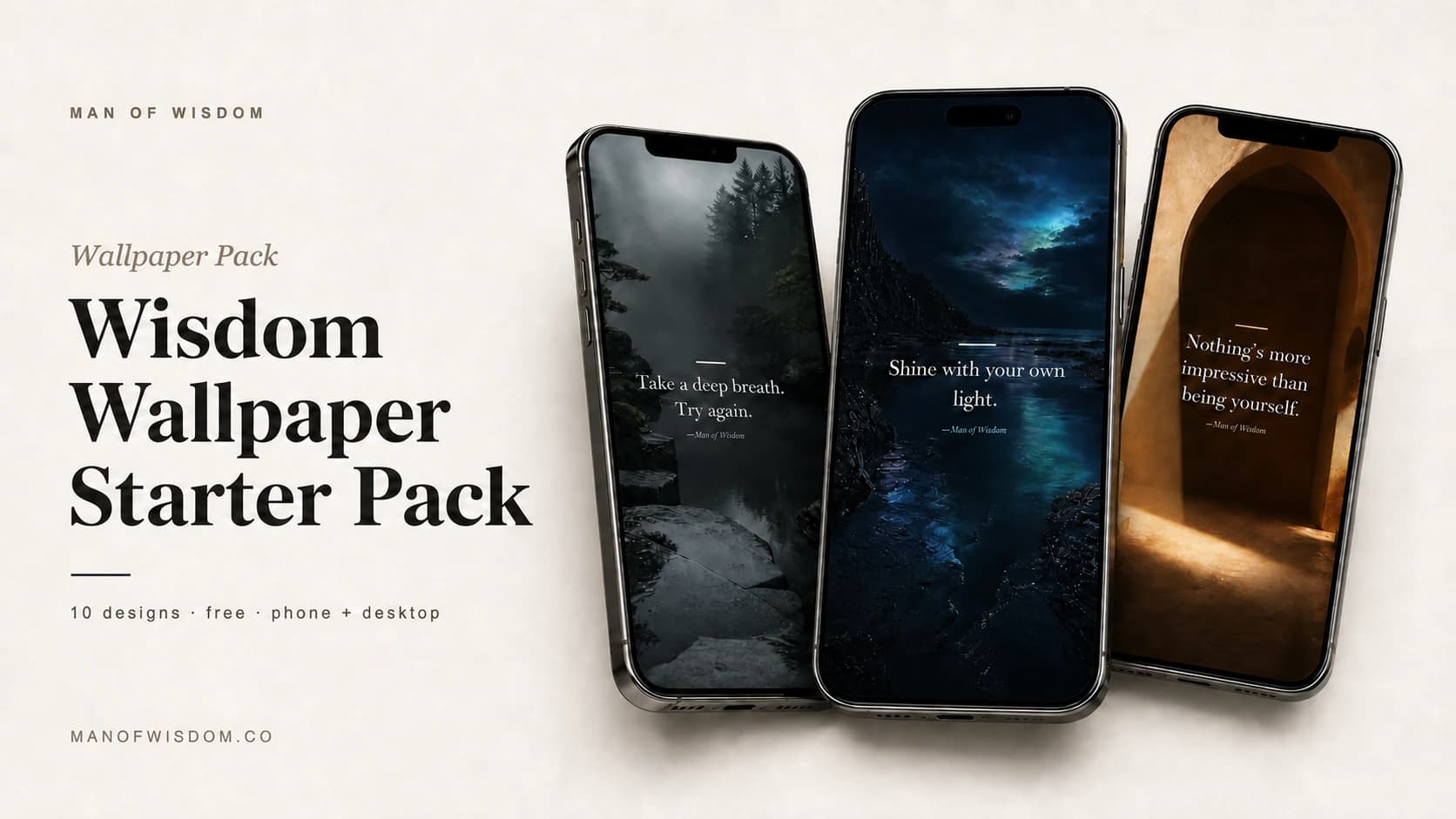 Wisdom Wallpaper Starter Pack preview on three modern phones
